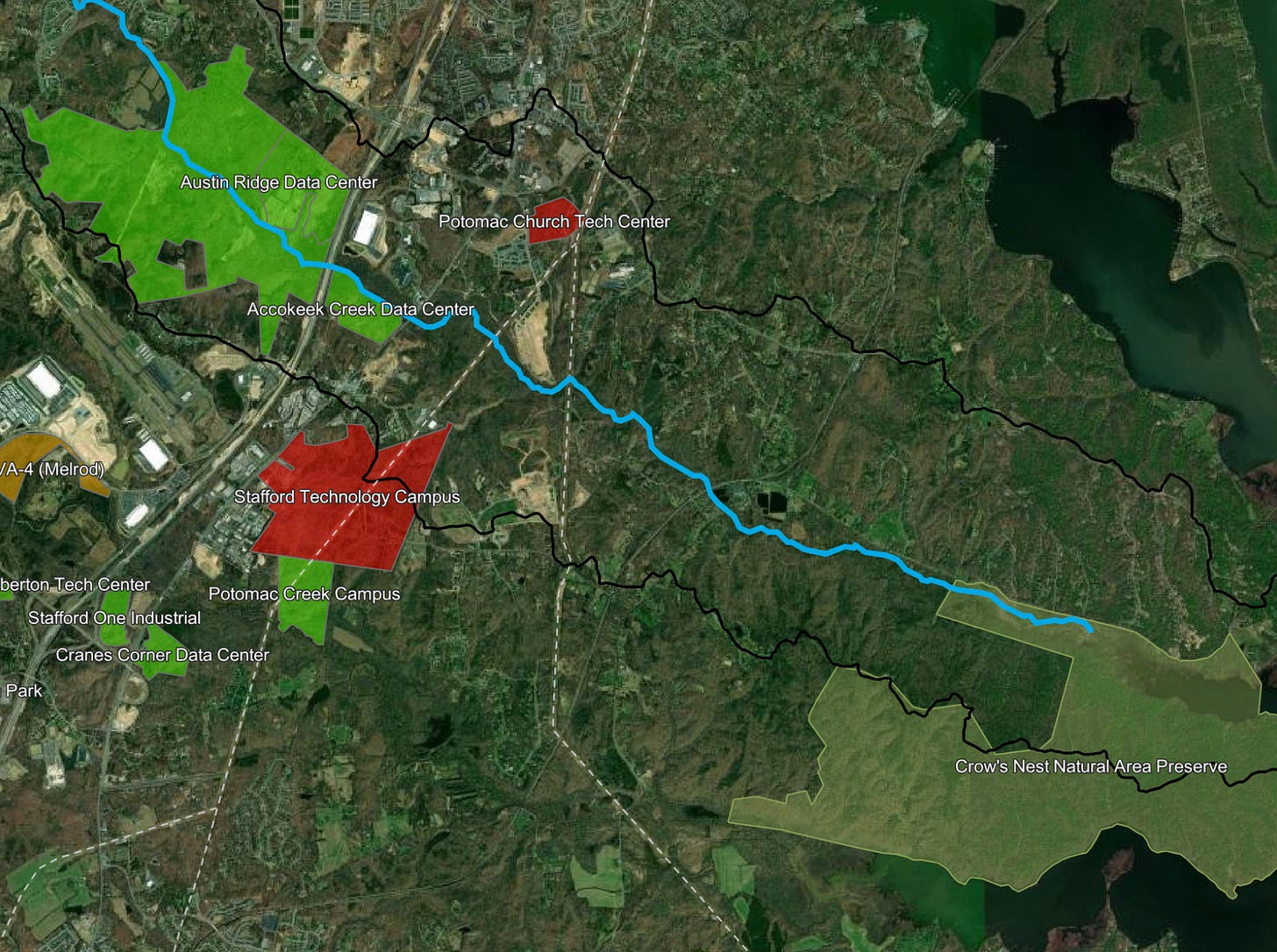 Accokeek Creek is the key feeder to Crow’s Nest Nature Preserve (lower right).