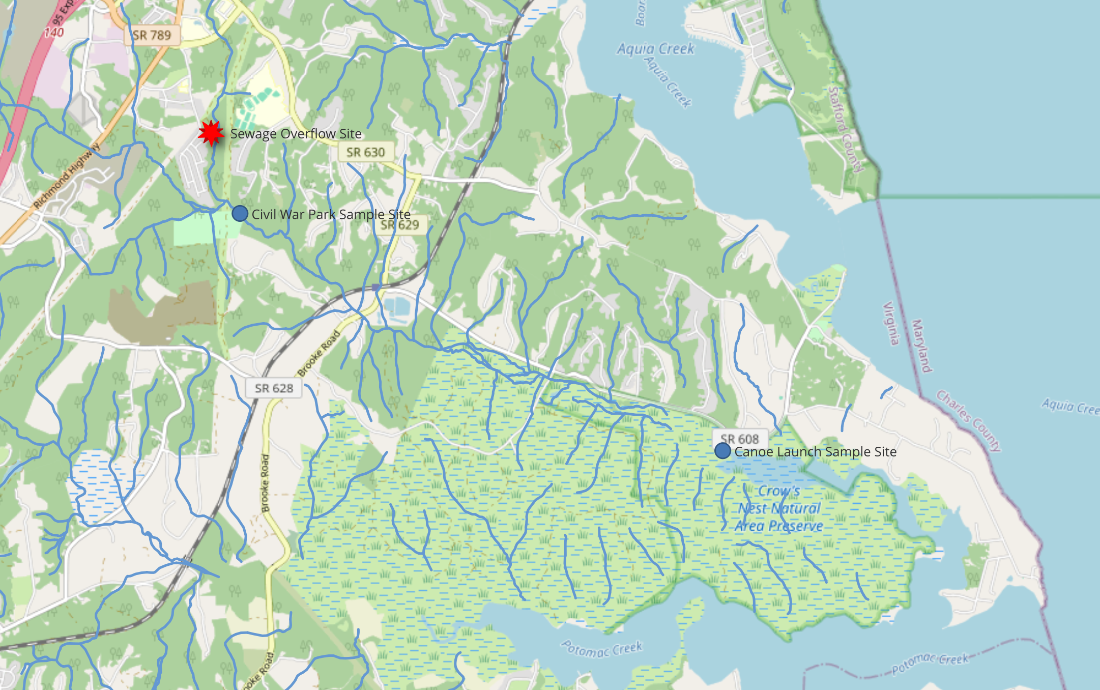A map of the sample sites in relation to the source